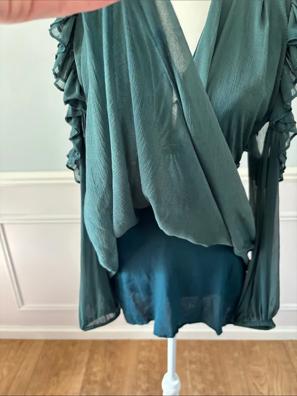 Free People Whimsy Fairycore Teal Green Ruffle Cold Shoulder Mini Dress | Sz 2 - Image 6
