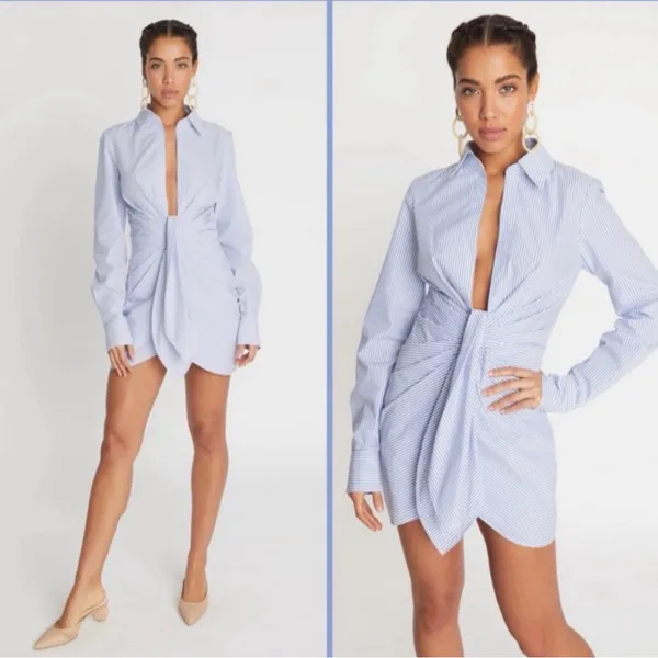 Striped Women's Collared Shirt Deep Plunge Mini Dress Choosy Boutique NWT $120 - Image 2