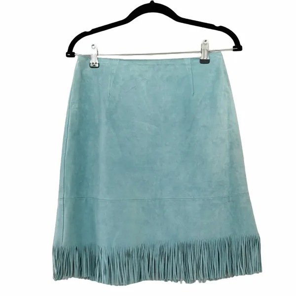 VINTAGE Women's Cuir Zebra Light Blue Fringe Boho Leather Skirt Sz L - Image 3