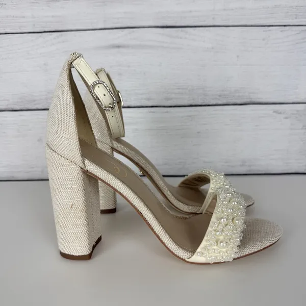 SAM EDELMAN Yaro Perla Beaded Block Heel Sandals Ivory US Size 7.5 Wedding Party - Image 2