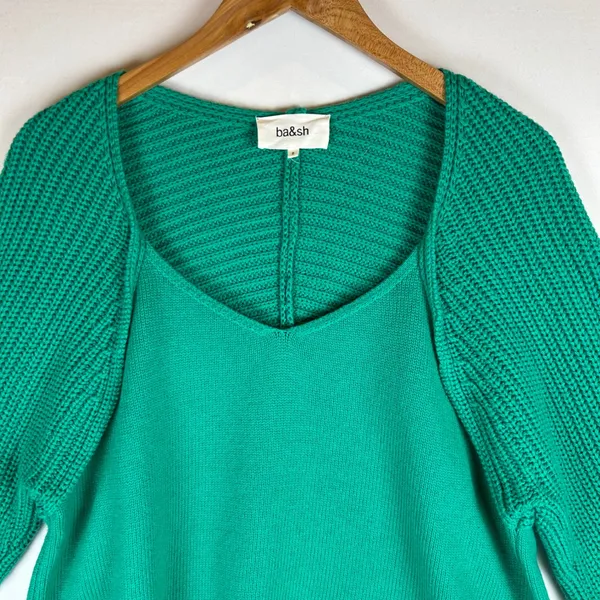 ba&sh Lady Pullover Emerald Green Wool Cotton Layered Knit Sweater US 6 - Image 3