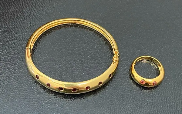 Gold Over  925 Signed Garnet Stones Hinged Bangle & Ring Set - Image 2