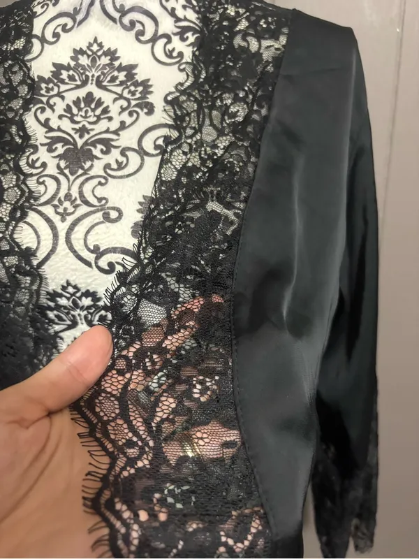 Black Lace Trim Satin Robe Size undefined - Image 2