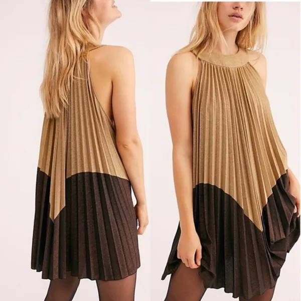 NWT Free People Pleated Love Metallic Mini Dress Color block Medium - Image 2