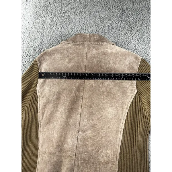 Retro Leather Knit Jacket Women L Brown Ribbed Full Zip VTG‎ Boho Mixed Media - Image 9