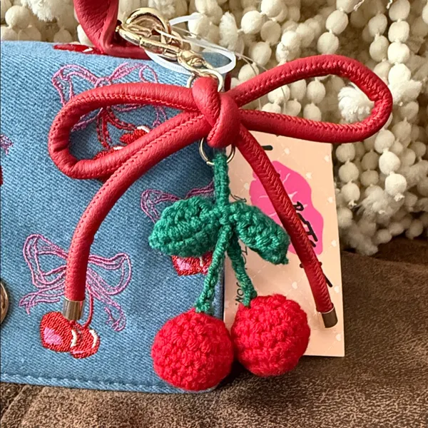 Betsey Johnson Cherry Embroidered Denim Handbag with bag charm NWT - Image 2