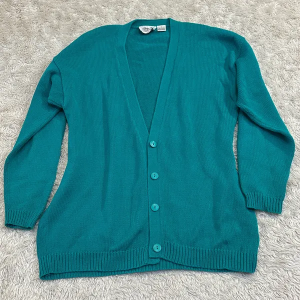 Vintage 90s Nordstrom 100% Cotton Knit Teal Button Up Vneck Cardigan Drop Sleeve - Image 4