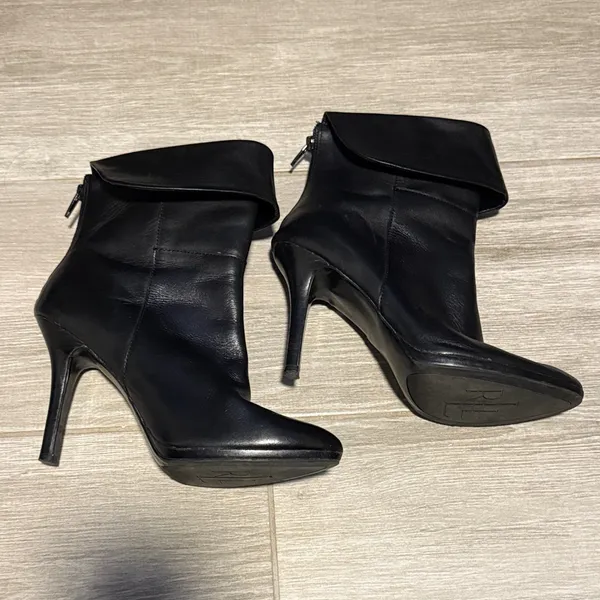 Ralph Lauren Black Leather Leola Fold-Over High Heel Boots‎ Size 7.5 booties - Image 2