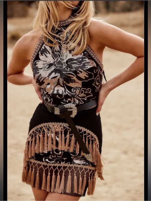 12th Tribe Like Gold Dust Fringe Mini Dress Large Black Sequin Festival Western - Image 2