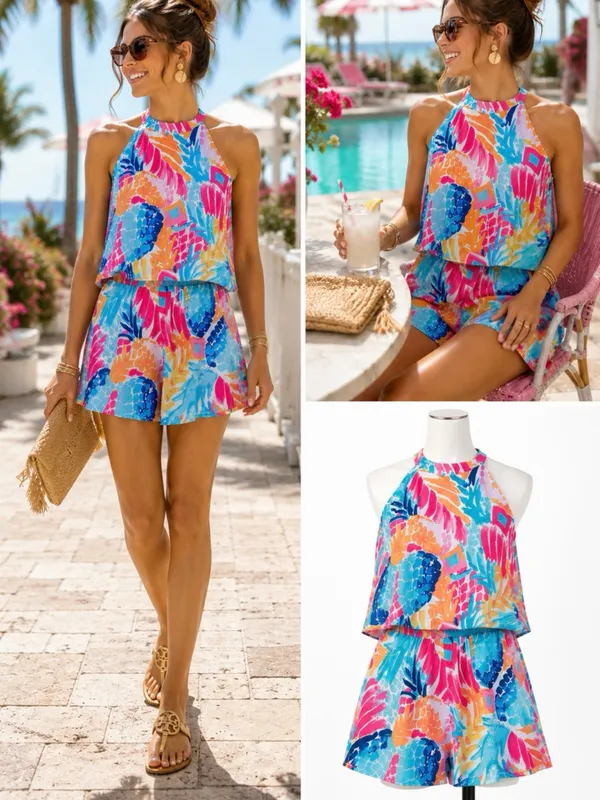 Lilly Pulitzer Edona Romper Goombay Smashed Pink Blue Orange Sz 00💛 - Image 2