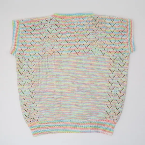 Vintage Homemade Pastel Rainbow Crochet Short Sleeve Sweater Shirt - Image 3