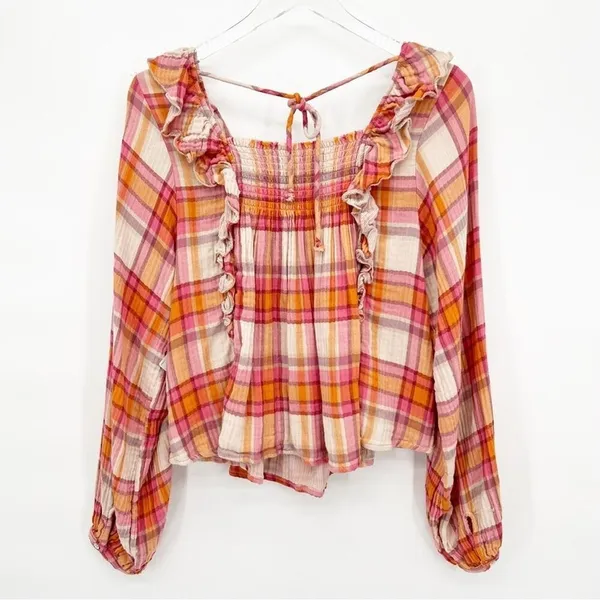 NWT Free People Sienna Plaid Ruffle Long Sleeve Blouse Women's S Prairie‎ Chic - Image 3