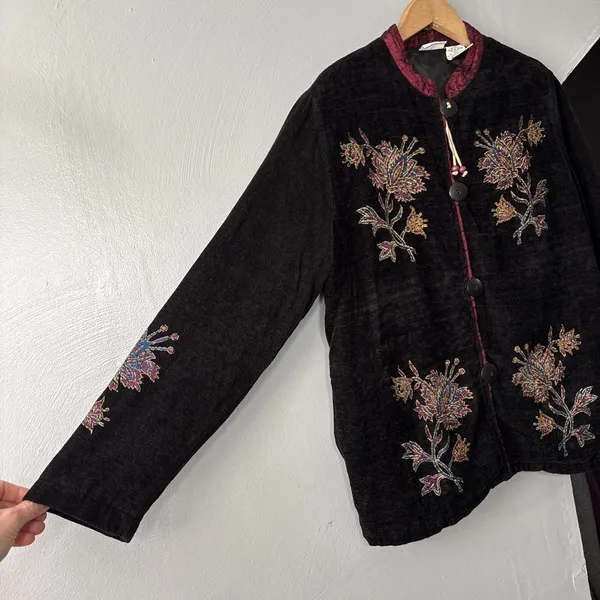 Victorian Chenille Jacket Size Medium 8 10 Black Whimsigoth Regency Asian Floral - Image 2