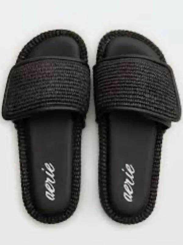Aerie Straw Sandal Black Braided Strap Slide Sandals Size 7 - Image 3