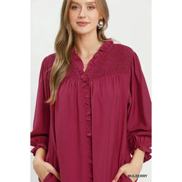Umgee Smocked Ruffle Detail Tiered Mini Dress - Mulberry‎ - Small - Image 5
