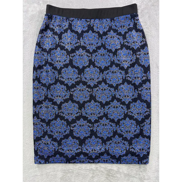 Whimsigoth Blue Black Midi Damask Coachella Pencil Skirt Medium Comfort Stretch - Image 3