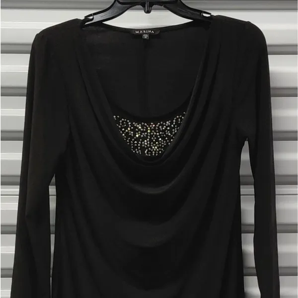 Marina Dress Womens 10 Black Silver Beaded Jersey Long Sleeve Wedding Party - Image 5