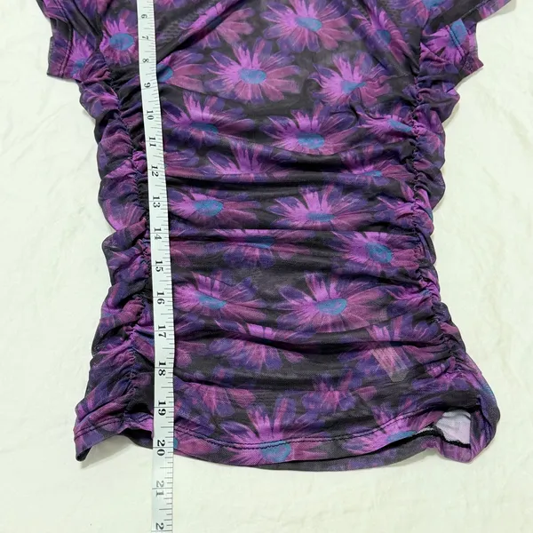 Intimately Free People Purple Floral Mesh Ruched Short Sleeve Top‎ XS - Image 6