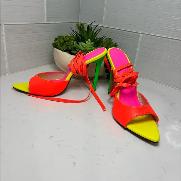 Neon Color Block Lace-Up Stiletto Heels Vibrant Party Sandals Size 42 - Image 3