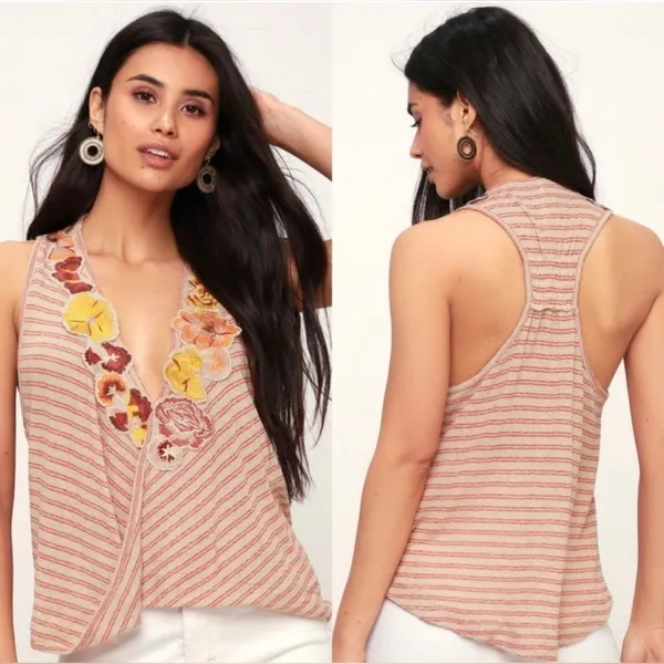 Free People Frida Floral Embroidered Striped Wrap Gauzy Knit Tank Top, Sz Medium - Image 2