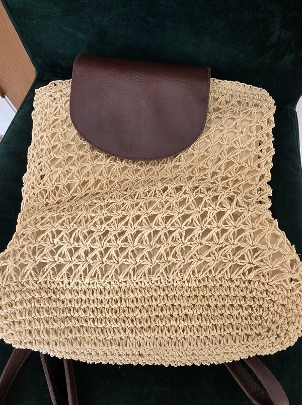 Woven Straw Backpack with Brown Leather Flap Tan - Image 6