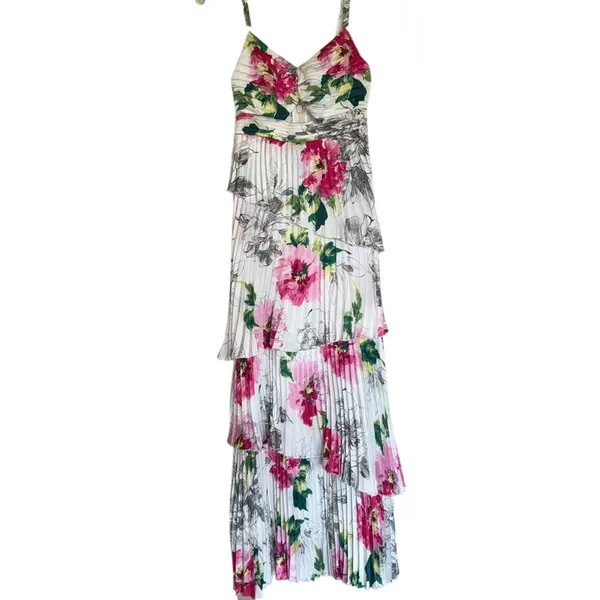 NWT Abercrombie & Fitch A&F Giselle Pleated Tiered Maxi Dress Satin White Floral - Image 7