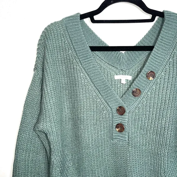 Maurices Teal Green Button V-neck Knit Henley Sweater - Image 3