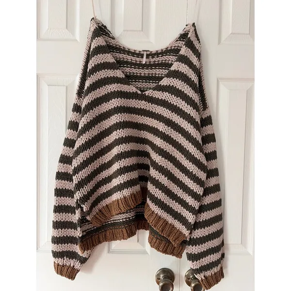 Free People Portland‎ Pullover Olive Striped Chunky Knit V-Neck Sweater Large - Image 5