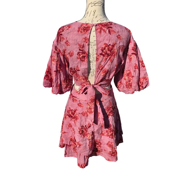 VICI Pink Floral‎ Cutout Puff Sleeve Tiered Mini Dress ACD70781B Small - Image 8