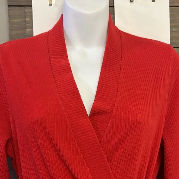 Vintage Vanity Fair Vibrant Red Full-Length Ribbed Wrap V-Neck Robe with Belt-Sm - Image 6