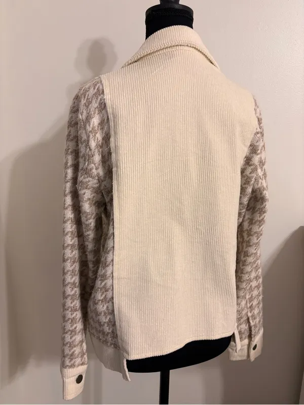 Mystree Corduroy Jacket S Cream Herringbone Mixed Media Utility Shacket fall - Image 7