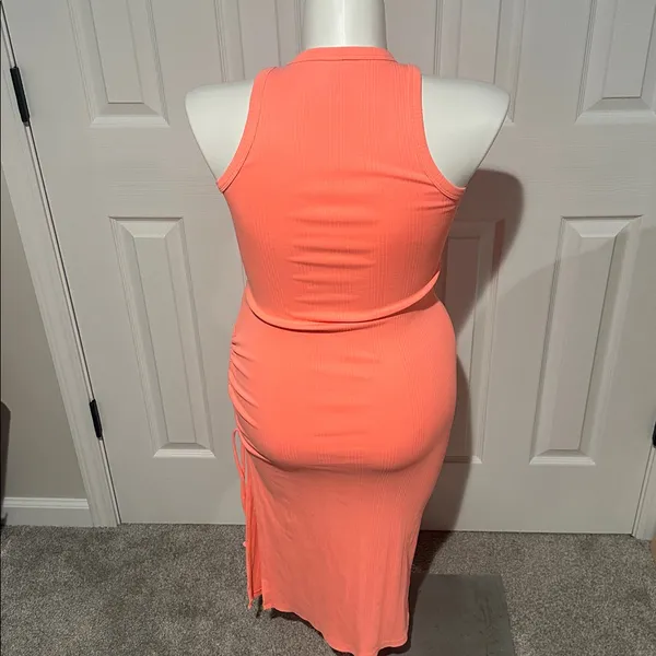 Aerie Neon Orange Ruched Ribbed Midi Dress with side slit size small‎ - Image 7