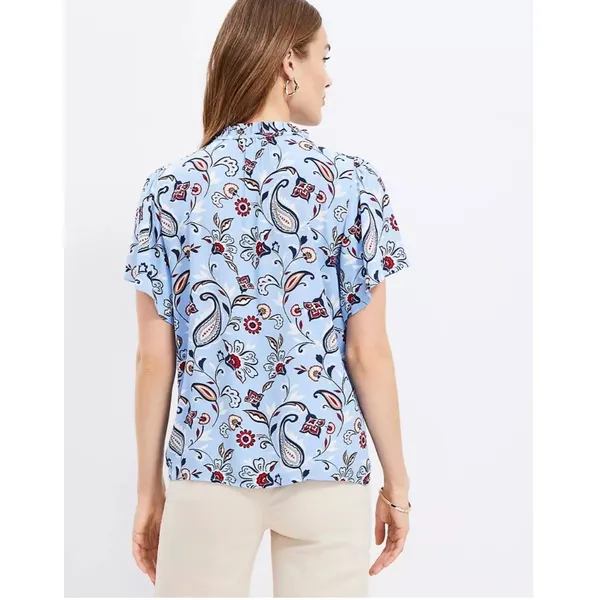LOFT Womens M Light Blue‎ Paisley Ruched Ruffle Tie Neck Top Blouse Lightweight - Image 4