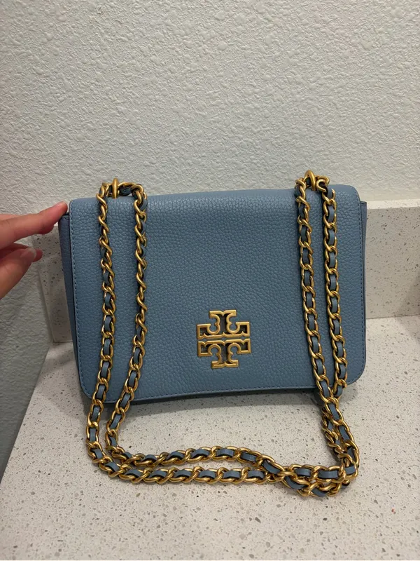 Tory Burch Britten Pebbled Leather Convertible Shoulder Bag Blue Purse EUC - Image 2