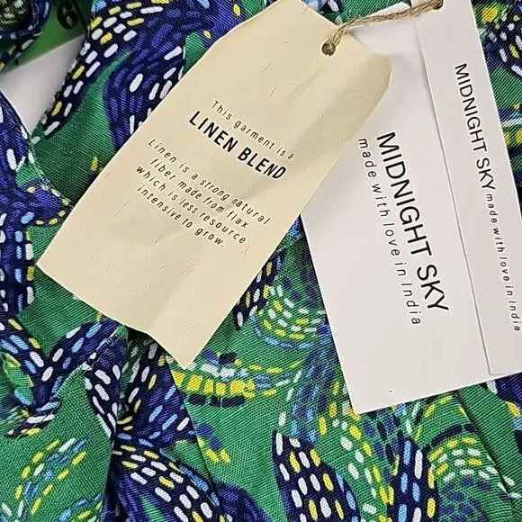 Midnight Sky -175‎ Blue Green Floral Linen Blend Tie Waist Wide Leg Pants Size S - Image 3