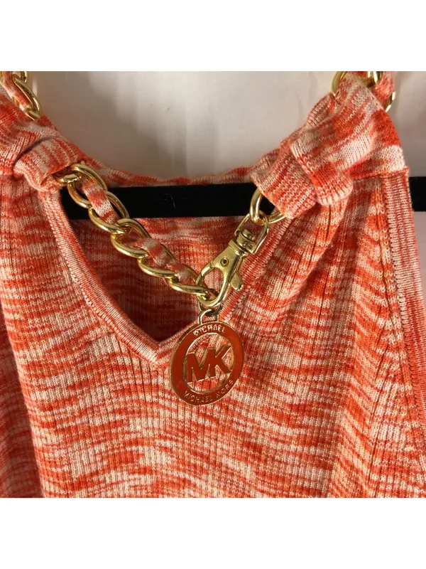 Michael Kors Womens Orange Chain Strap Tank Top L Knit Marled Logo Charm - Image 3