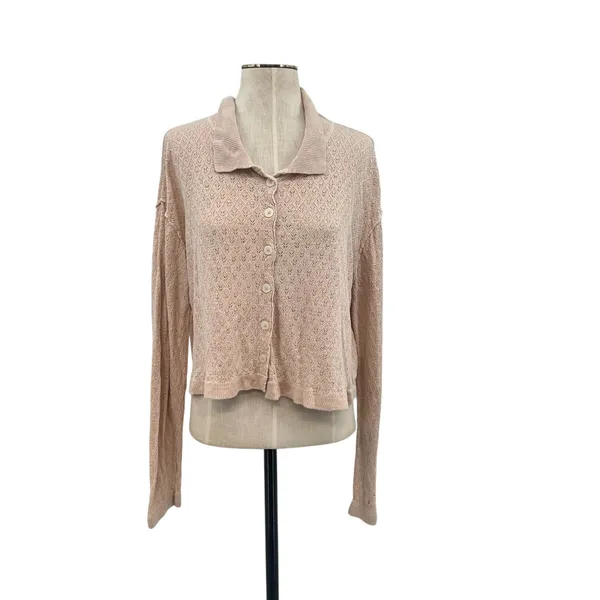 Free People Betty Cardigan Sweater Linen Blend‎ Beige Tan Size XL - Image 3