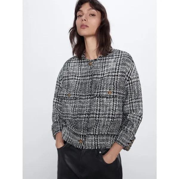 Zara Women's Black White Plaid Tweed Long Sleeve Crew Neck Coat Jacket Top S - Image 2