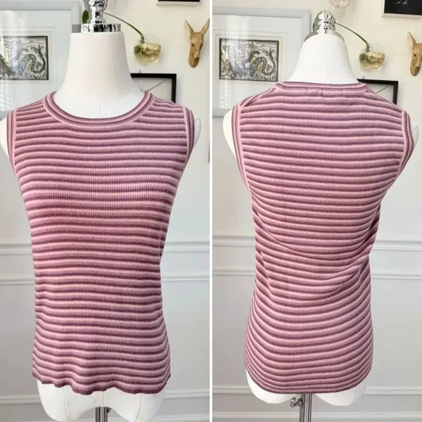 Vintage 70s Crazy Horse Pink Mauve Purple Stripe Knit Sweater Vest Tank Top S M - Image 2
