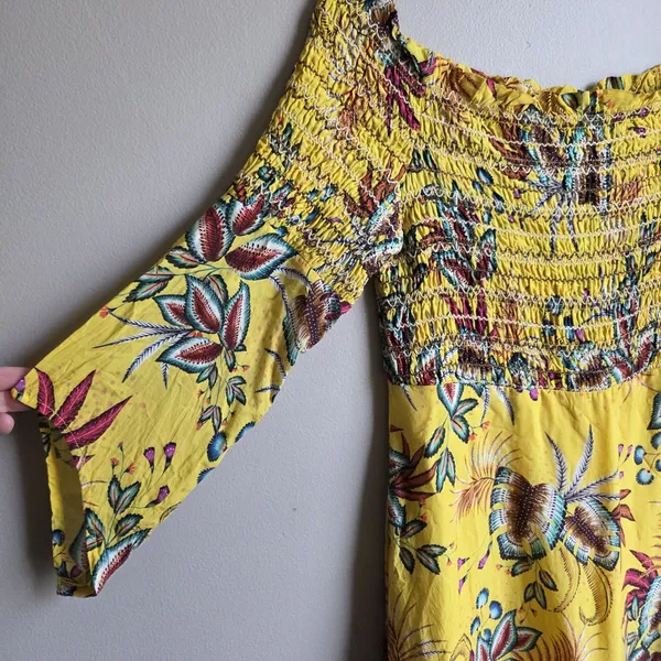 Farm Rio Bria Smocked Dress Anthropologie Size S Petite Yellow Tropical Floral - Image 7