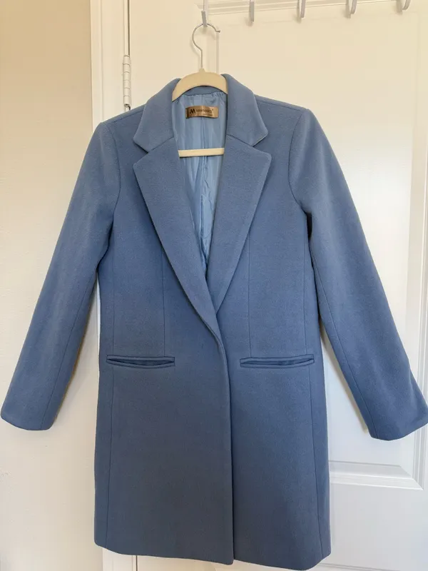 Women’s Light Blue Tailored Long Lightweight Coat with Pockets Minimalist Size S - Image 2