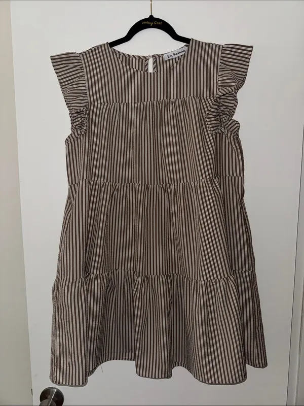 En Saison Women's Brown & White Striped Tiered Ruffle Dress - Image 5