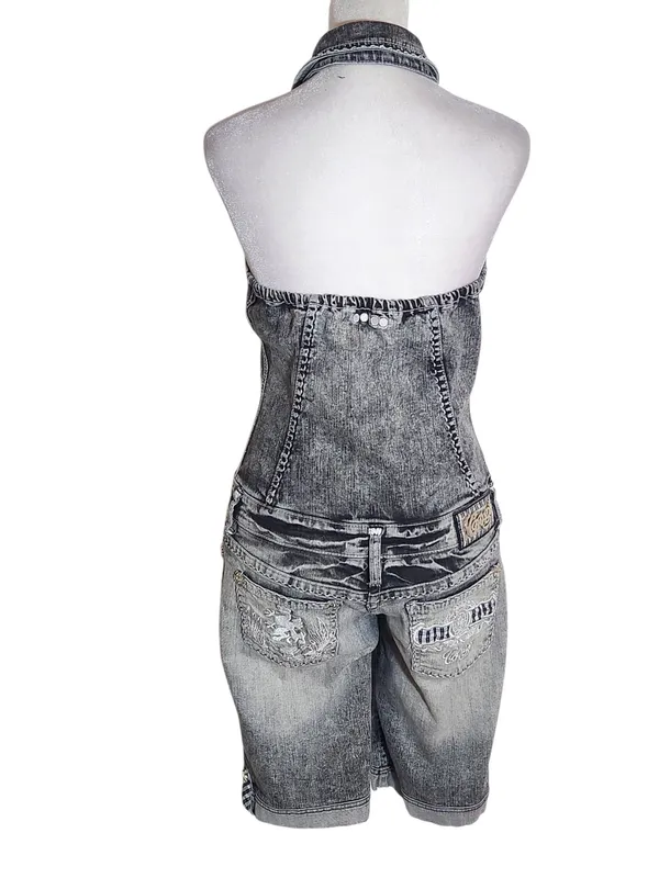 Coogi Black-Gray Distressed Denim Halter Jumpsuit Shorts Size 5/6 - Image 2