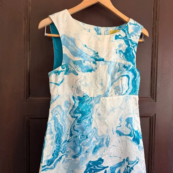 MAEVE | Marbled Waters Blue and White Silk Cotton Blend Shift Dress | 2 - Image 3