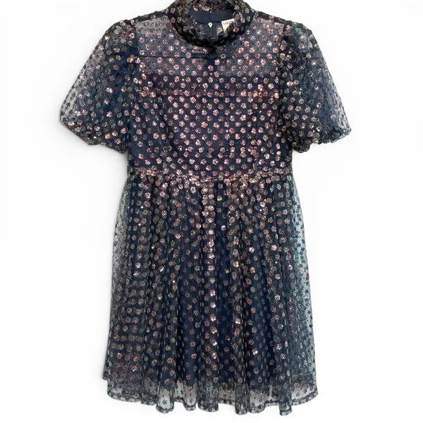 Queen Of Sparkles Navy Sequin Flower Mini Dress Mock Neck‎ Puff Sleeve XS NWT - Image 3