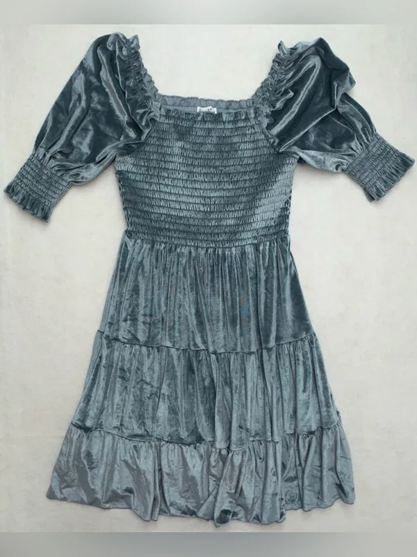 Baltic Born Slate Blue Velvet Smocked Tiered Puff Sleeve Midi Dress Size M - Image 7