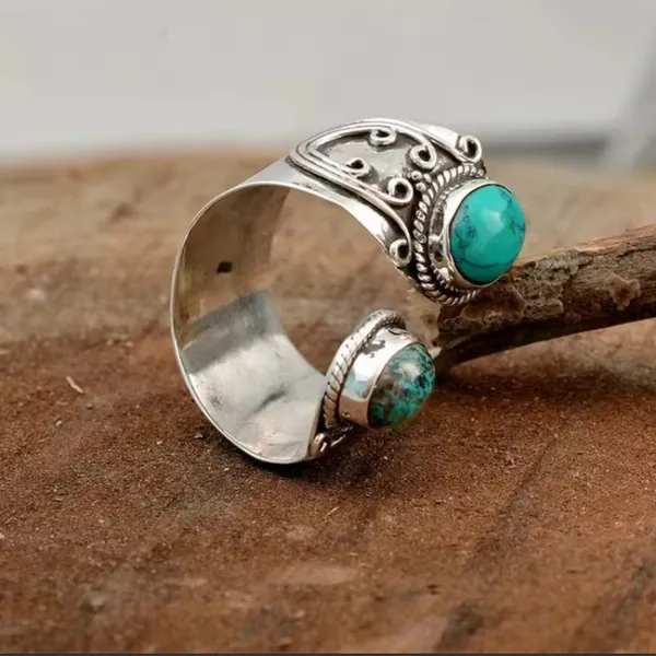 Vintage Wrap Ring Silver Plated Delicate Carving On The Surface Inlaid Turquoise - Image 4