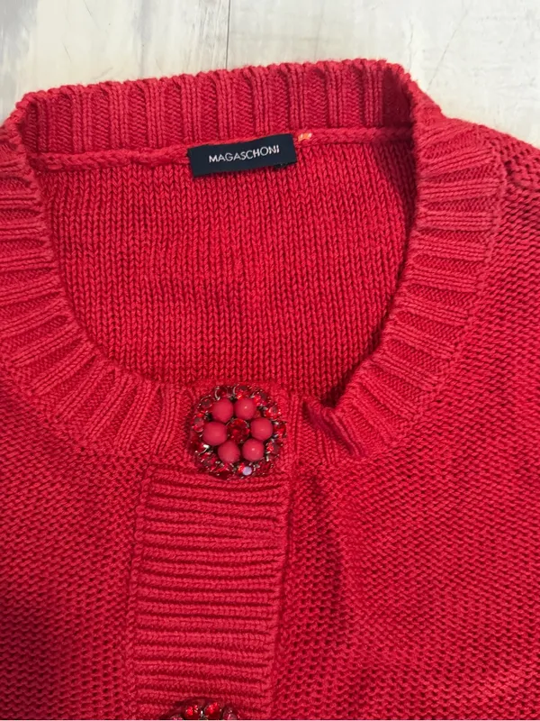 madison leigh Red Cropped Knit Cardigan with Decorative Buttons - Image 3