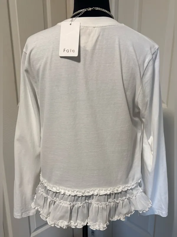 NWT Fate White Boutique T-Shirt Top Ruffled Sheer Hem Side-tie Ribbon Details - Image 4