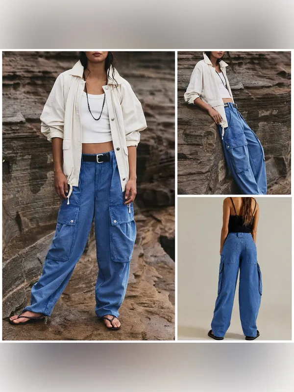 NWT Free People We The Free Brentwood Slouchy Cargo Pants- ebb and flow blue - 0 - Image 2